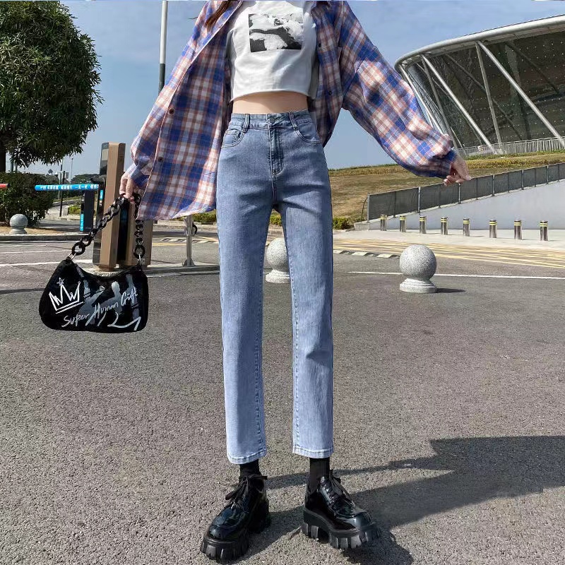 レディース ジーンズ ハイウエストストレートデニムパンツ