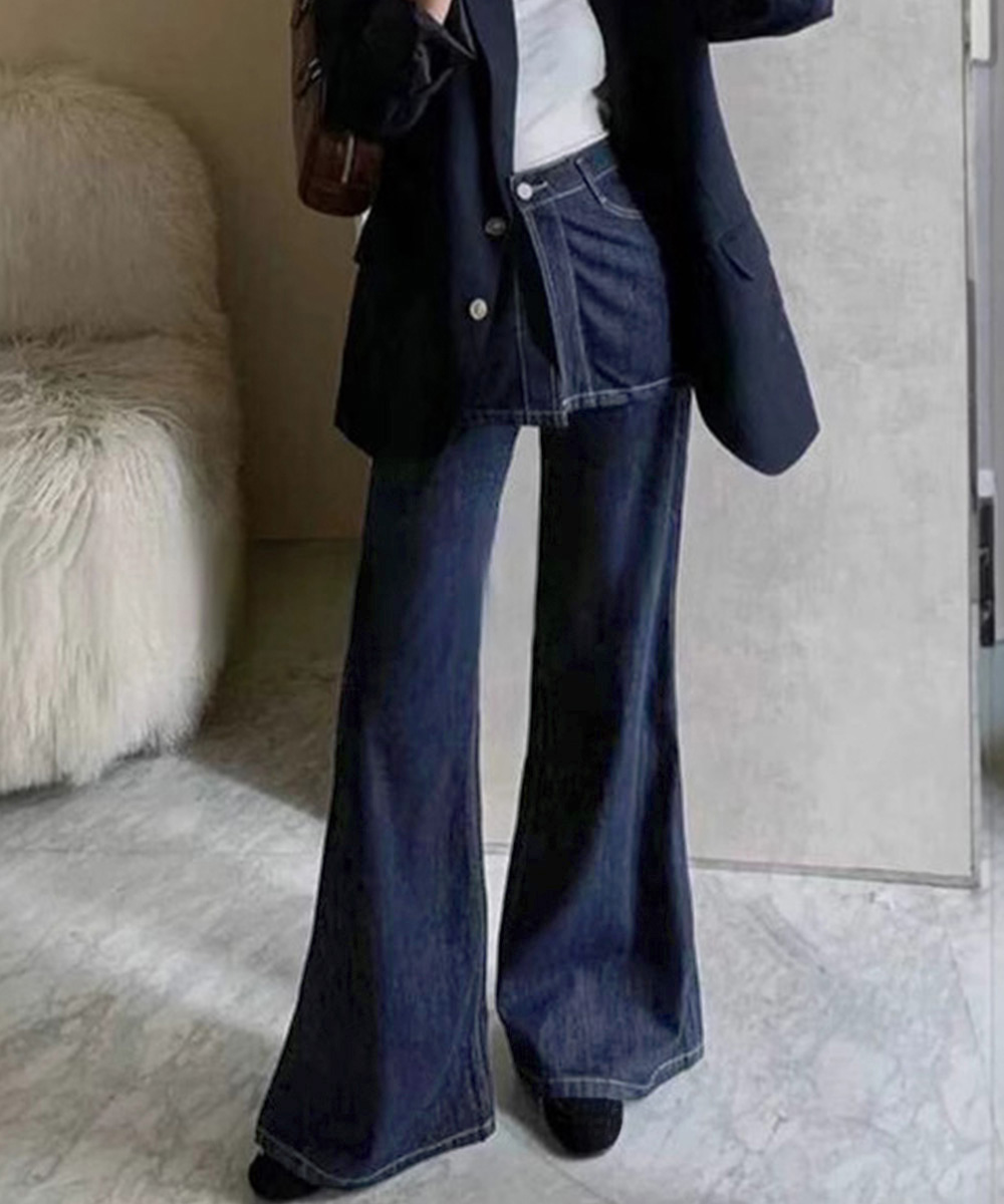 レディース ジーンズ ヒップカバー付き ワイドフレアデニムパンツ