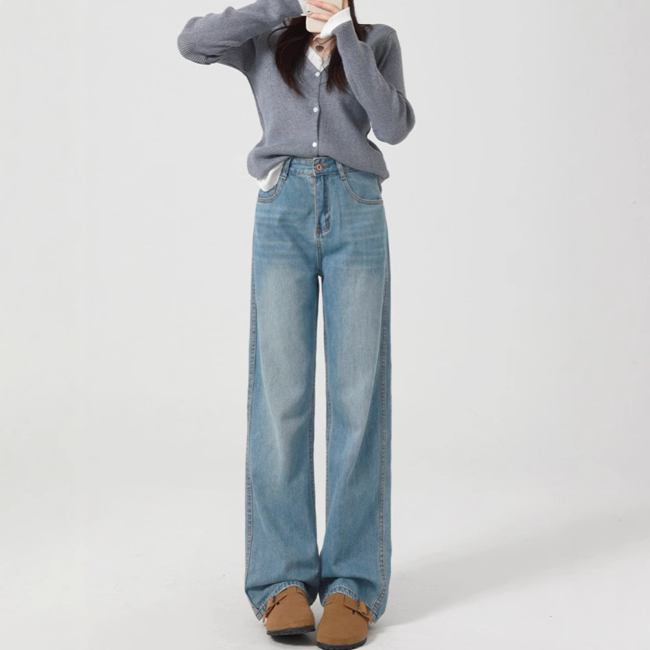 レディースジーンズパンツ クラシカルゆったりストレートデニムパンツ