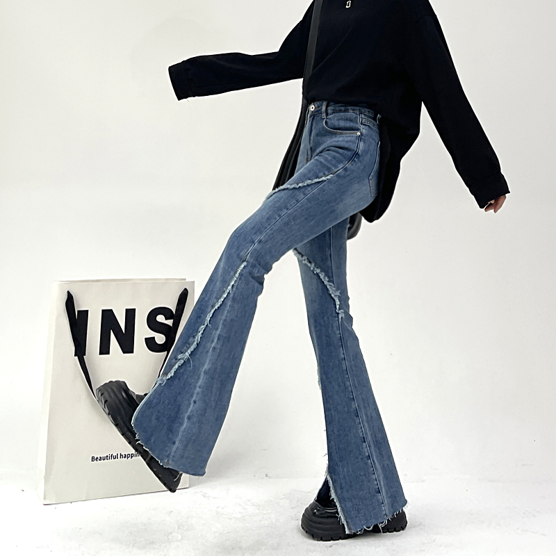 レディースジーンズパンツ クラッシュ加工フレアデニムパンツ