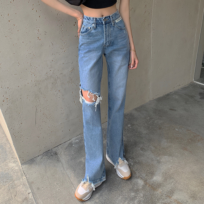 レディース ジーンズ ハイウエストダメージストレートデニムパンツ