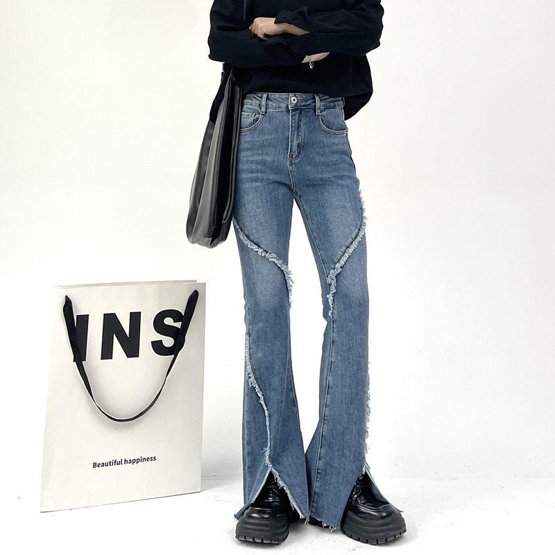 レディースジーンズパンツ クラッシュ加工フレアデニムパンツ