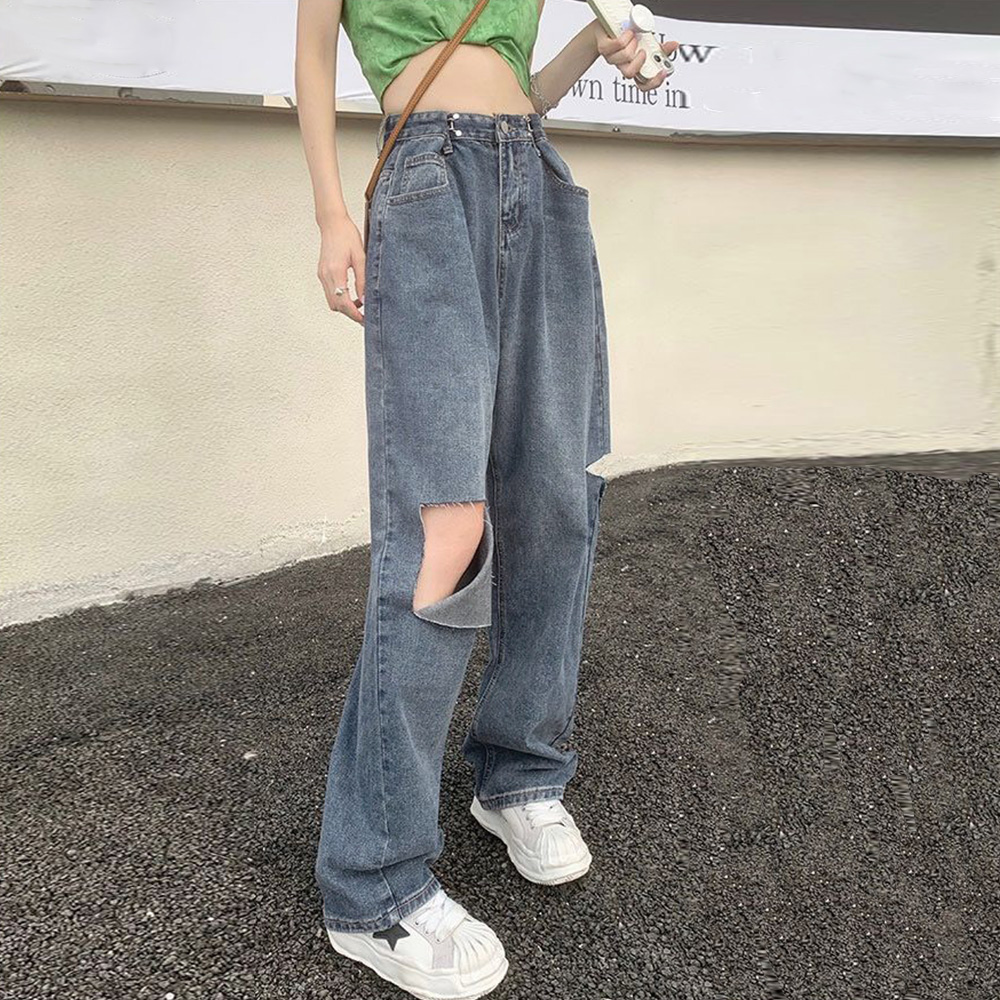 レディース ジーンズ ハイウエスト ダメージデニム ワイドパンツ 春夏秋