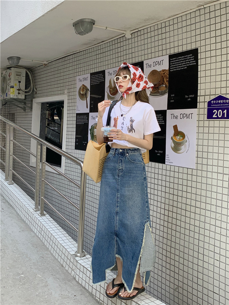 デニムスカート 不規則スリット入りハイウエストデニムロングスカート