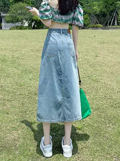 韓国スタイル ヴィンテージ風デニムロングタイトスカート