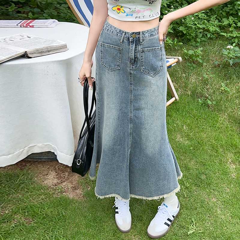 デニムスカート 裾フレアデニムマーメイドスカート