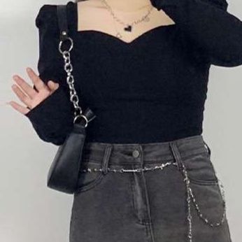 デニムスカート 大人女性のチェーン付きデニムロングスカート