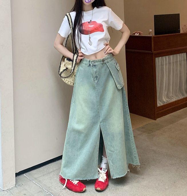 デニムスカート韓国風ハイウエストスリット入り ロングスカート