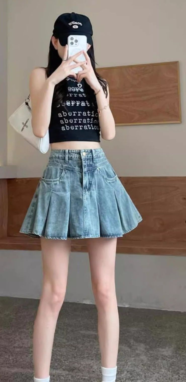 デニムスカート 裾プリーツ切替デニムミニスカート