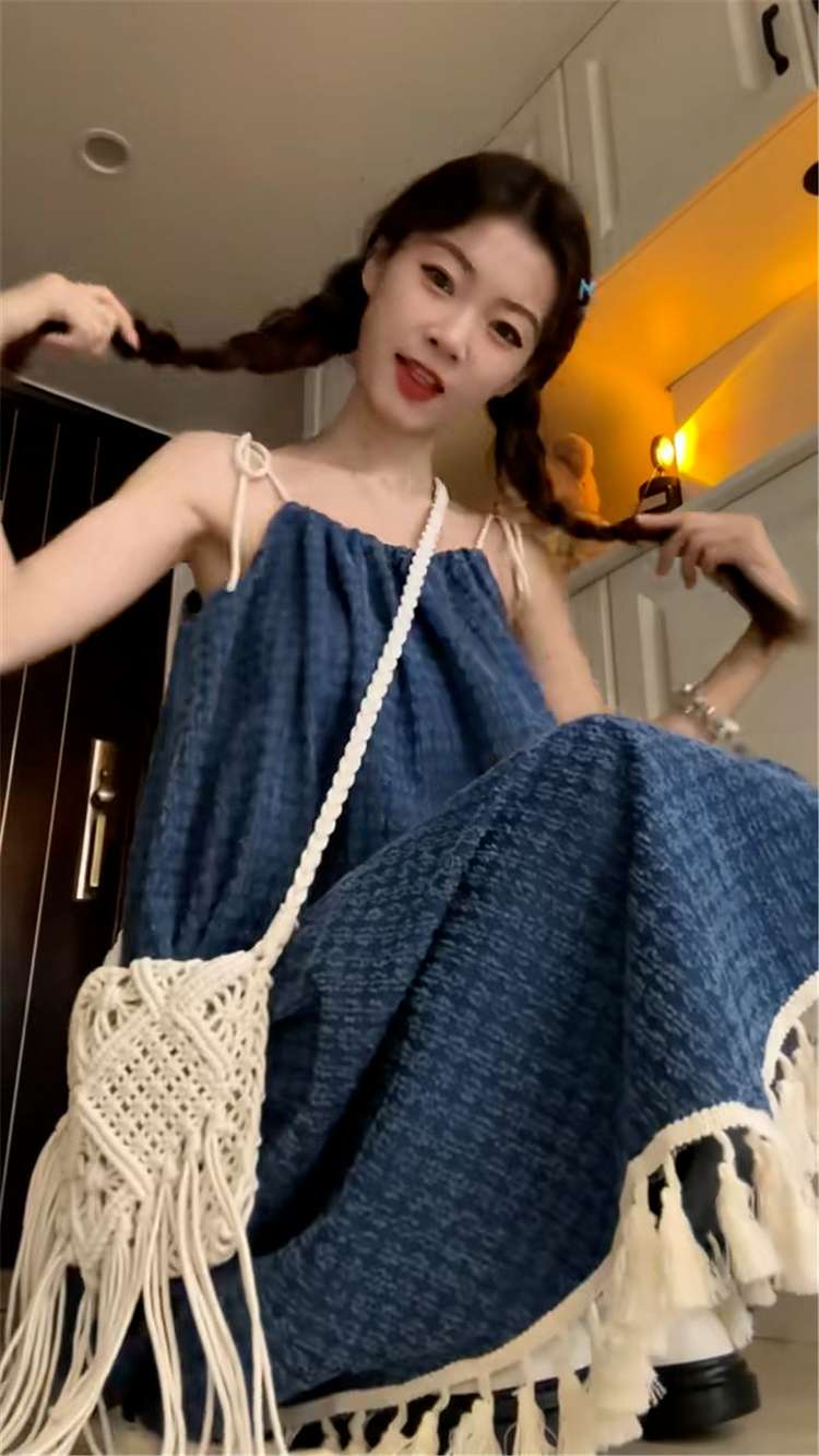 韓国スタイル フリンジ付きデニムキャミワンピース