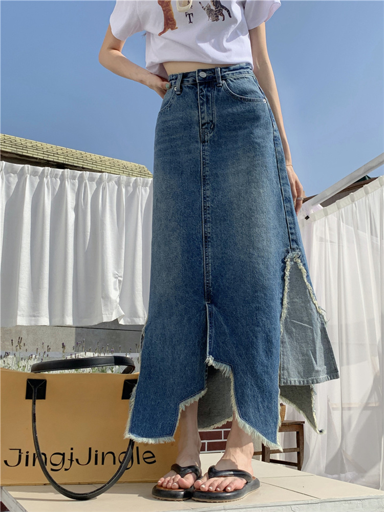 デニムスカート 不規則スリット入りハイウエストデニムロングスカート