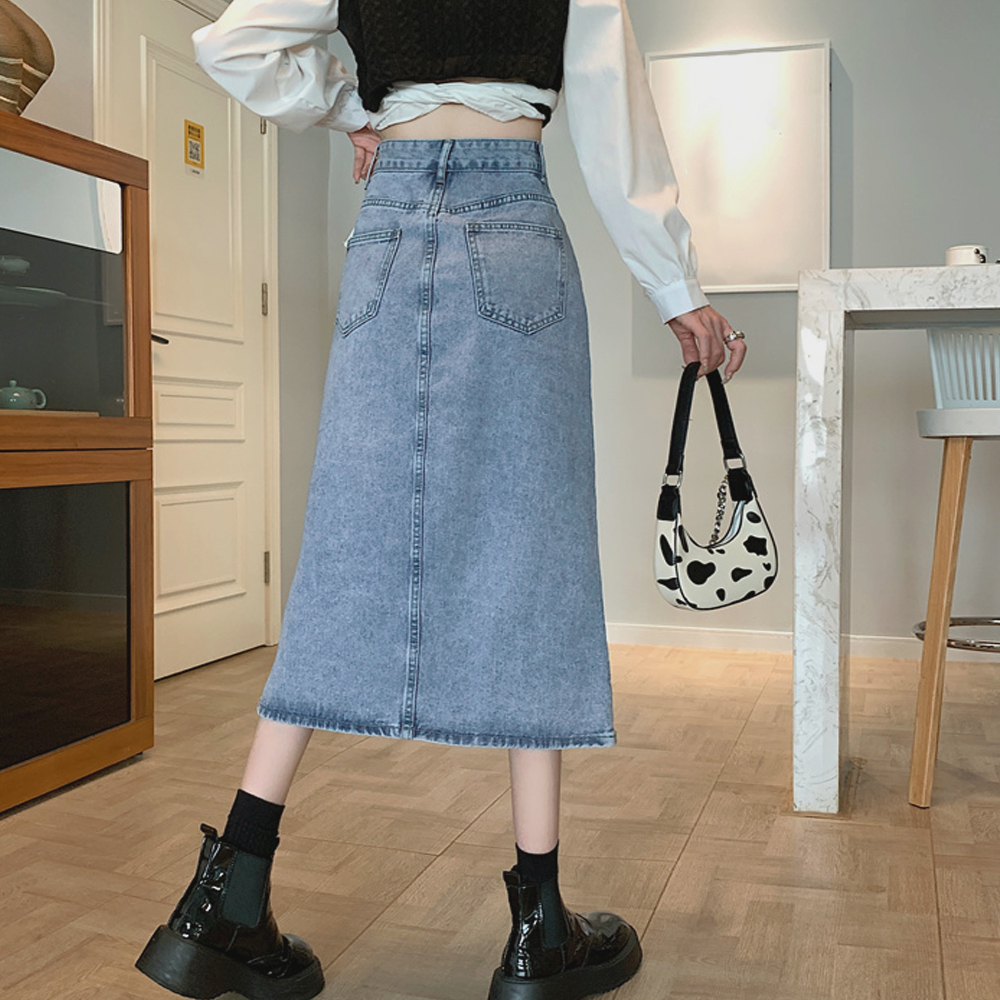 デニムスカート スリット入り ハイウエスト ロング丈