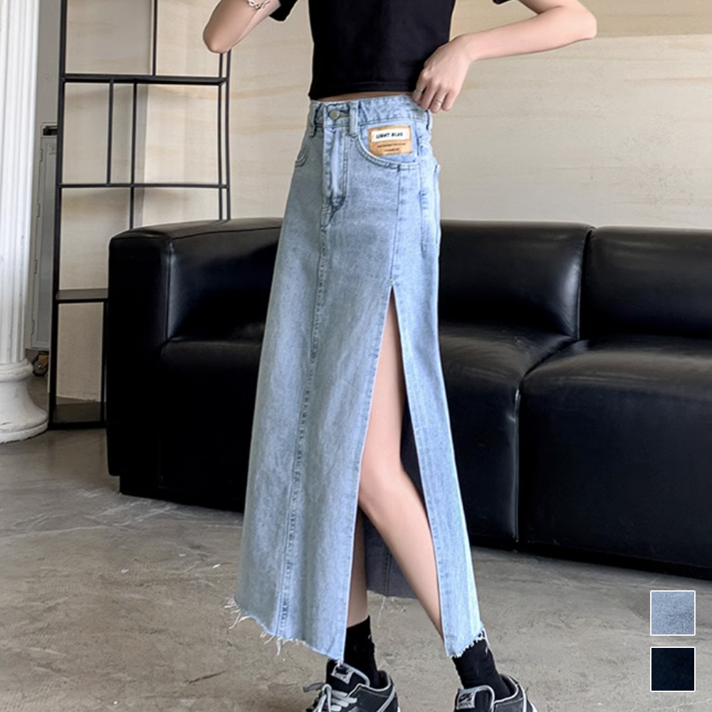 ハイウエスト スリット ロング デニムスカート 韓国風