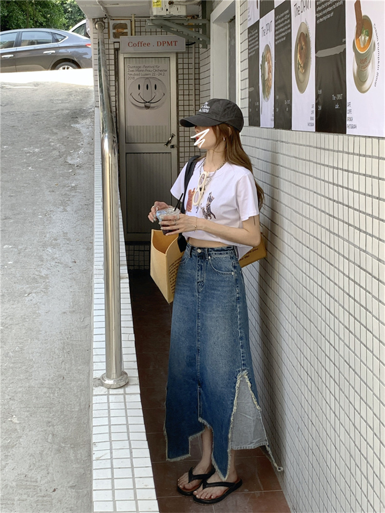 デニムスカート 不規則スリット入りハイウエストデニムロングスカート