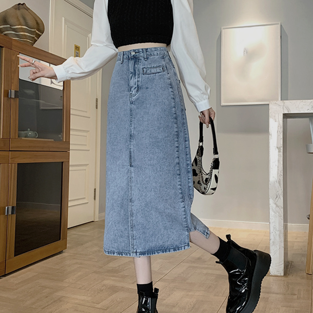 デニムスカート スリット入り ハイウエスト ロング丈