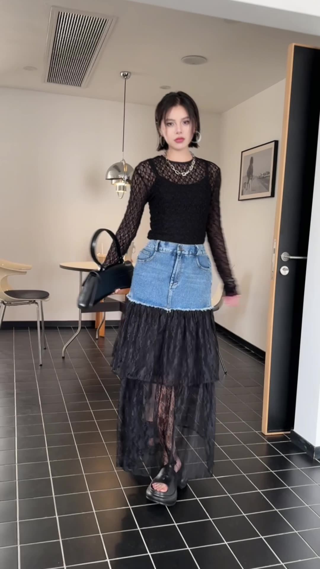 デニムスカート レース切替デニムフレアスカート 春夏新作 二点セット