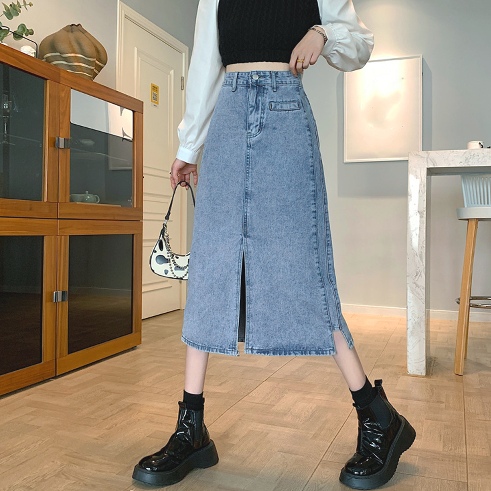 デニムスカート スリット入り ハイウエスト ロング丈