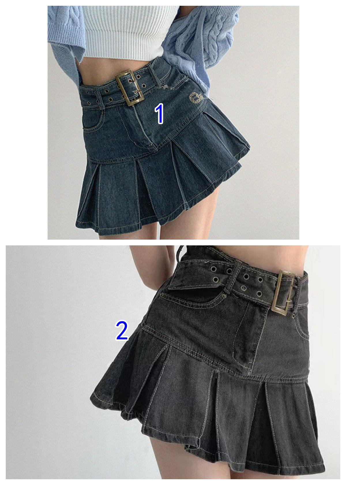 ベルト付きプリーツデニムスカート レディース ミニ丈
