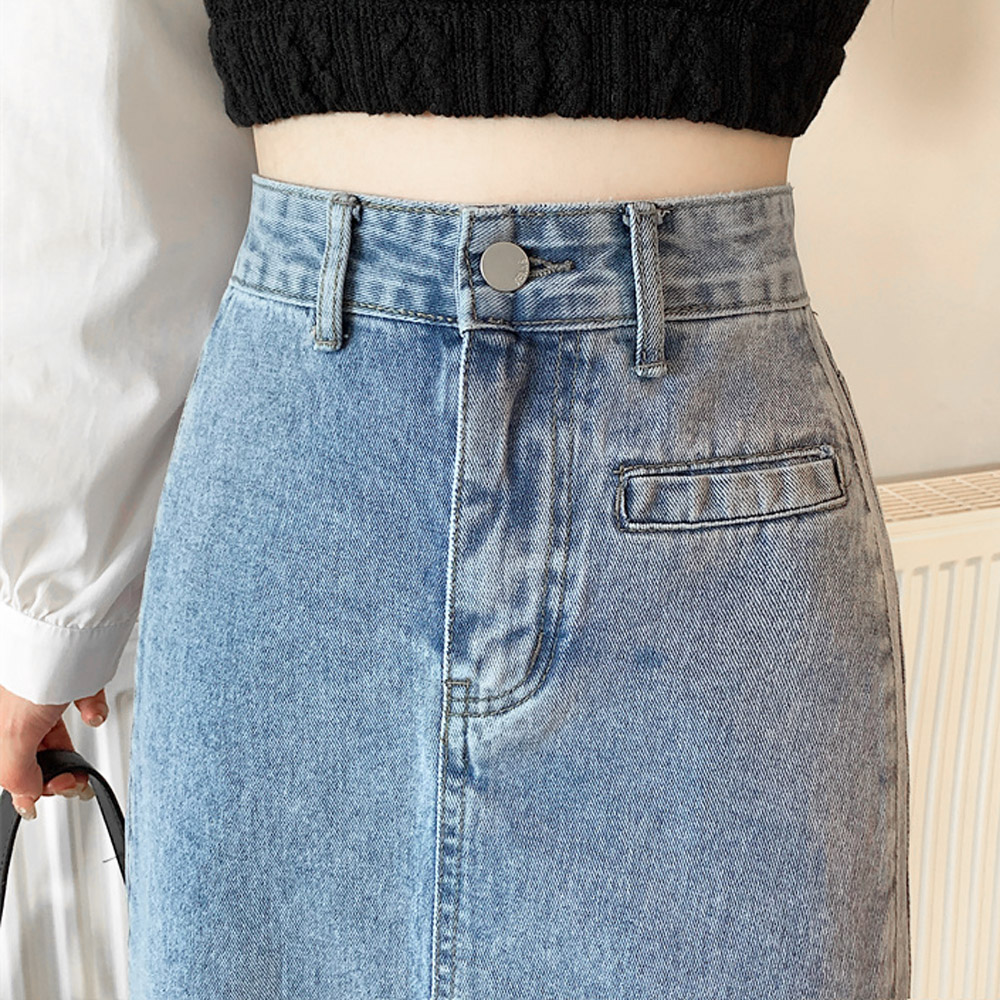 デニムスカート スリット入り ハイウエスト ロング丈