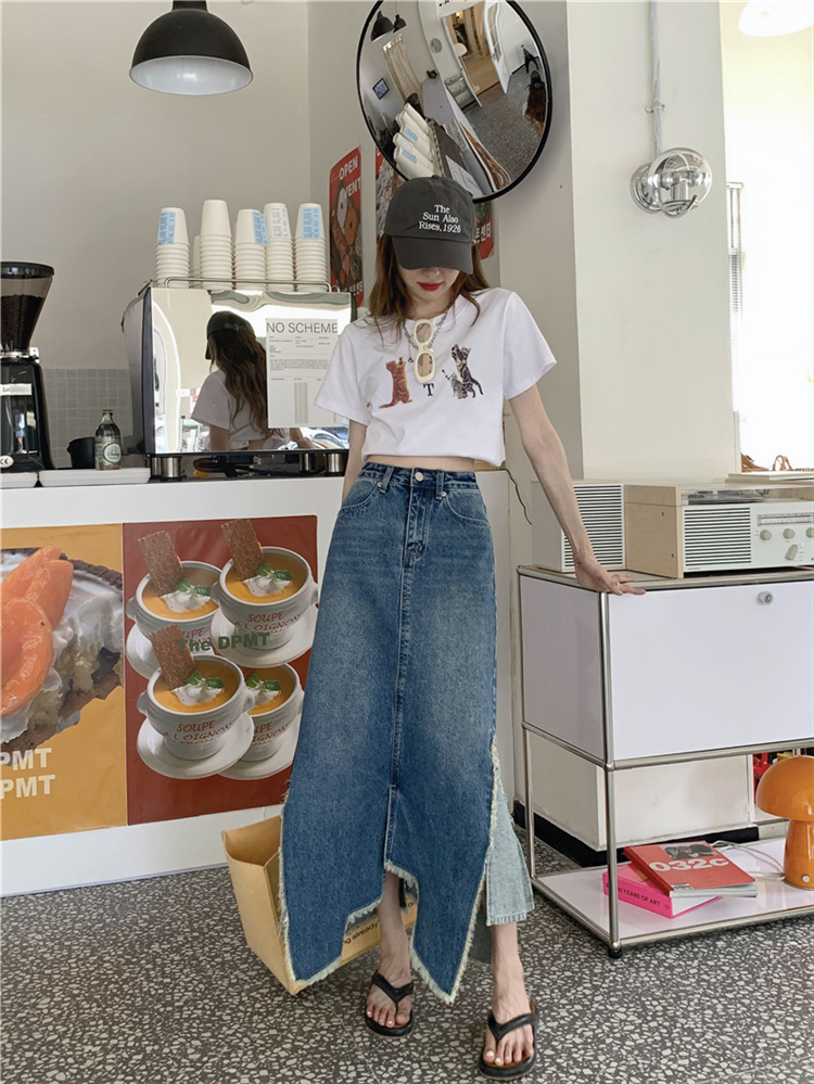 デニムスカート 不規則スリット入りハイウエストデニムロングスカート