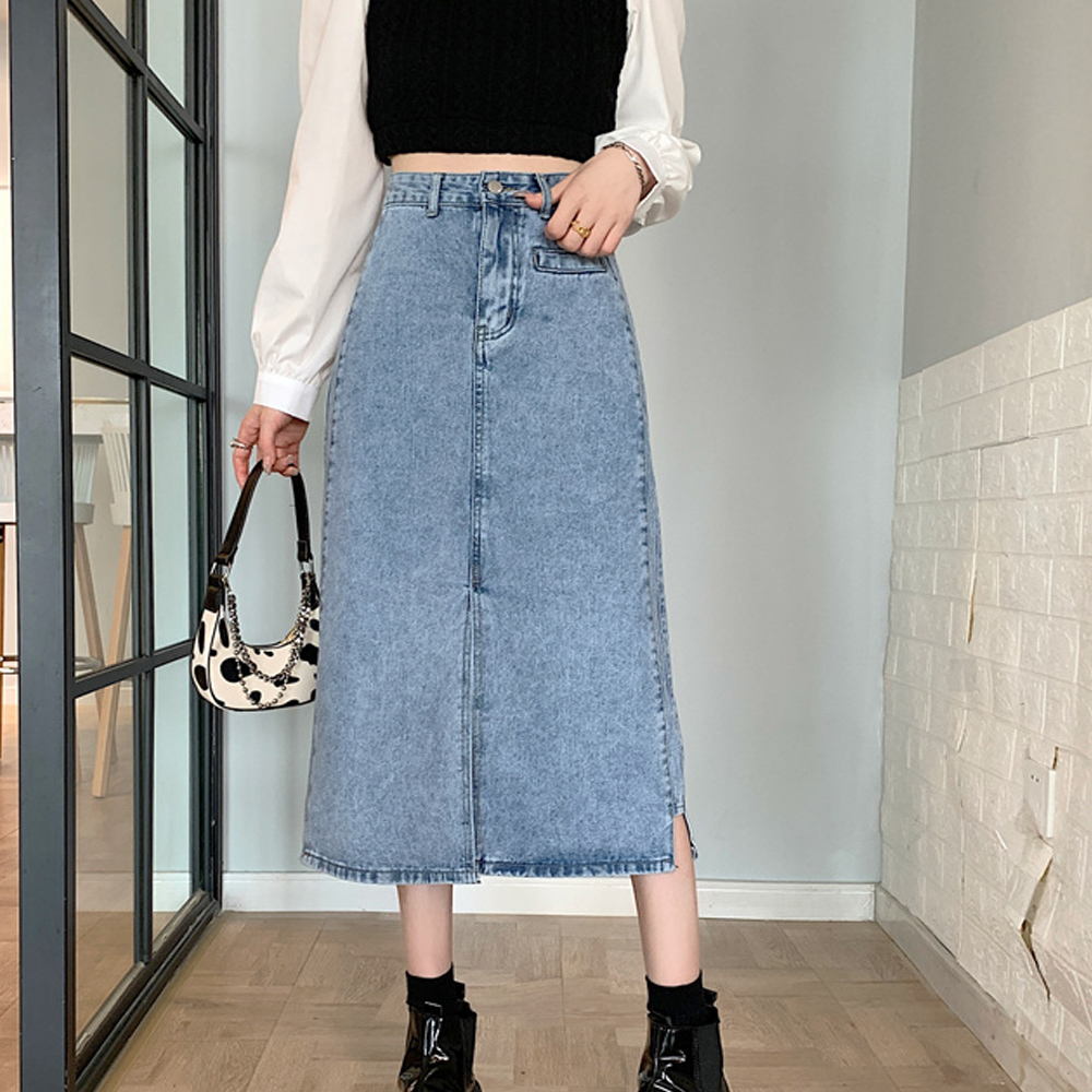 デニムスカート スリット入り ハイウエスト ロング丈