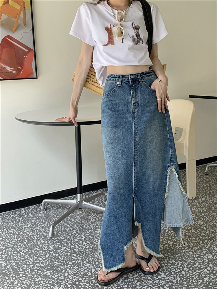 デニムスカート 不規則スリット入りハイウエストデニムロングスカート