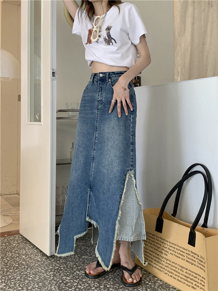 デニムスカート 不規則スリット入りハイウエストデニムロングスカート