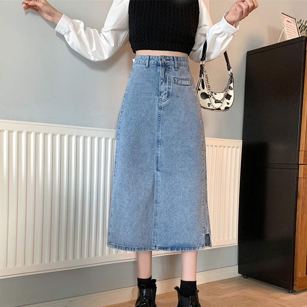 デニムスカート スリット入り ハイウエスト ロング丈