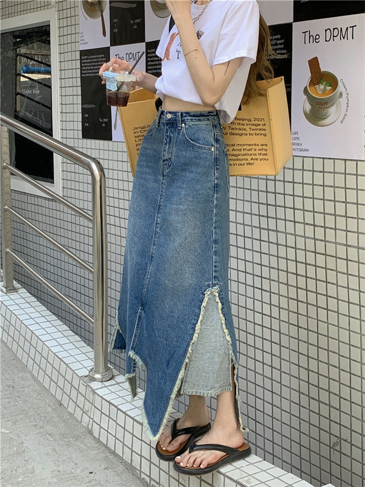 デニムスカート 不規則スリット入りハイウエストデニムロングスカート