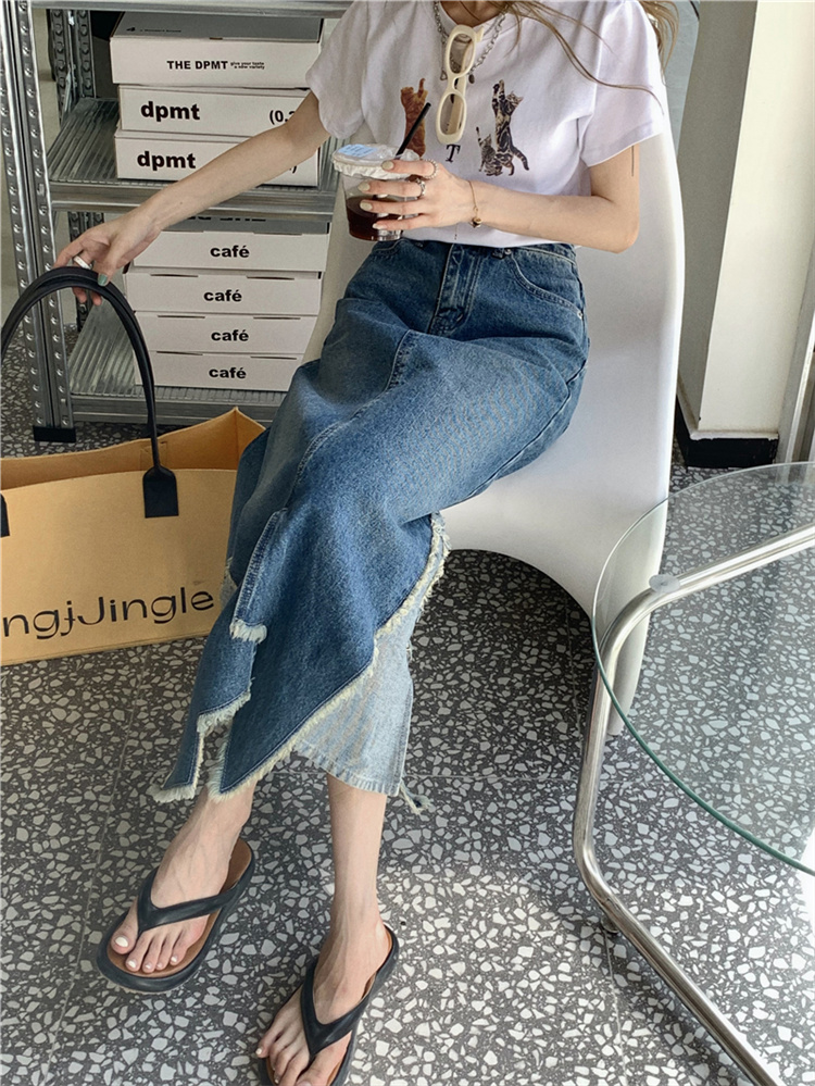 デニムスカート 不規則スリット入りハイウエストデニムロングスカート
