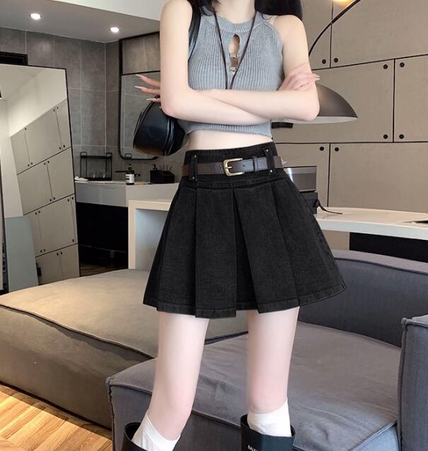 デニムスカート ハイウェストデニムプリーツミニスカート