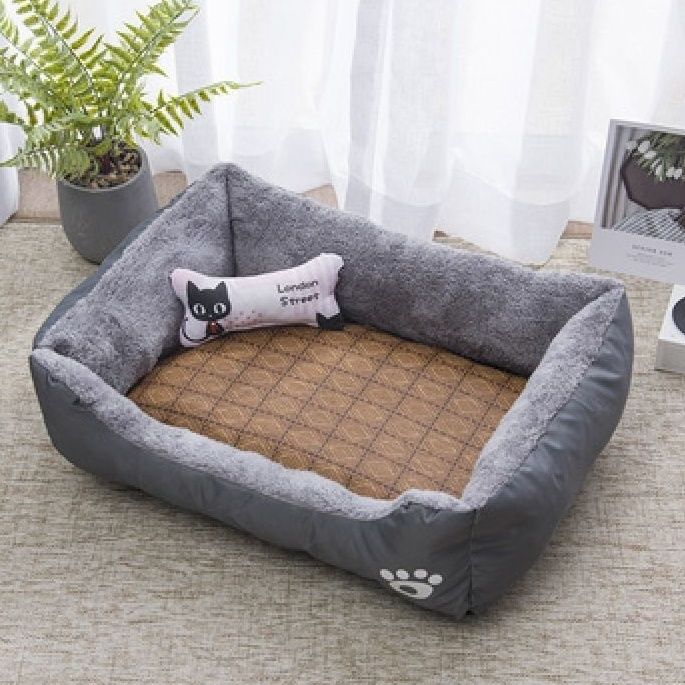 犬ベッド 骨型枕付き藤織り中敷き四角型犬ベッド