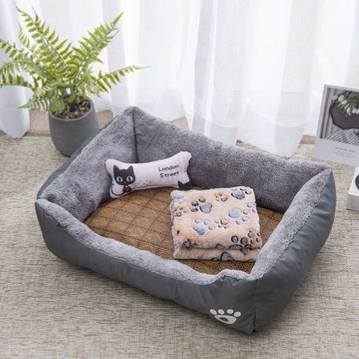 犬ベッド 骨型枕付き藤織り中敷き四角型犬ベッド