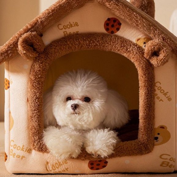 犬ベッド 煙突付き可愛いお家型ドーム犬ベッド