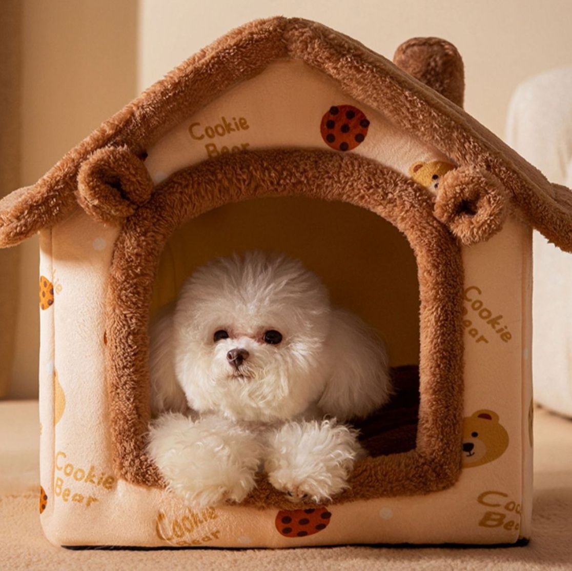 犬ベッド 煙突付き可愛いお家型ドーム犬ベッド