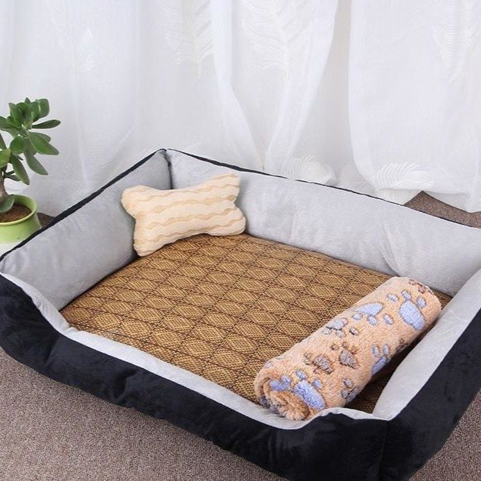 犬ベッドクッション 骨型枕付き藤織り中敷き四角型犬ベッド