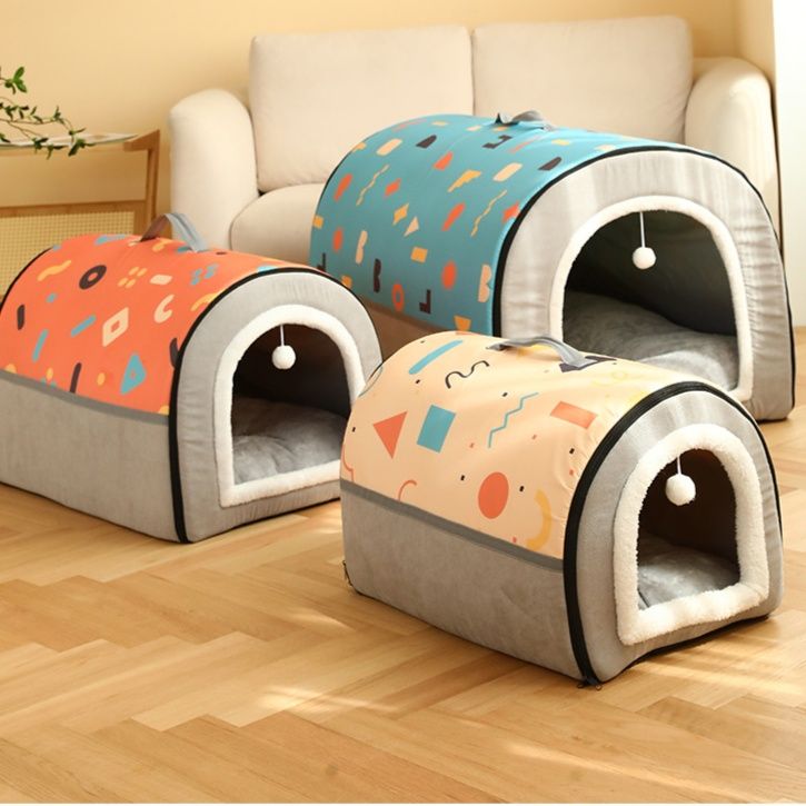 犬ベッド 幾何学模様付き持ち運び便利なドーム型犬ベッド