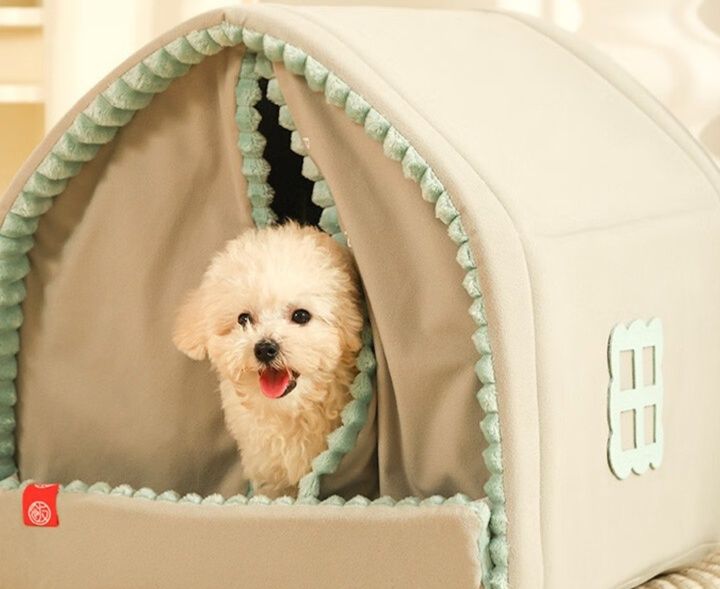 犬ベッド ふわふわフリル付き包み込み型ドーム犬ベッド