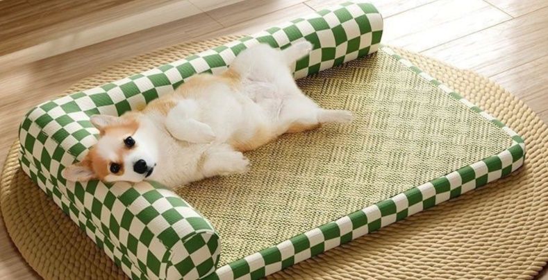 犬ベッド 夏用ひんやり涼感竹編み枕付き犬用寝床