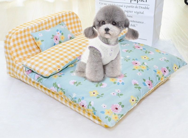 花柄チェック柄ソファ風マット犬ベッド