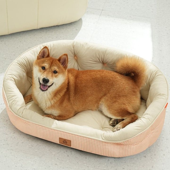 犬ベッド 格子柄クッション付き丸型ペット用犬ベッド