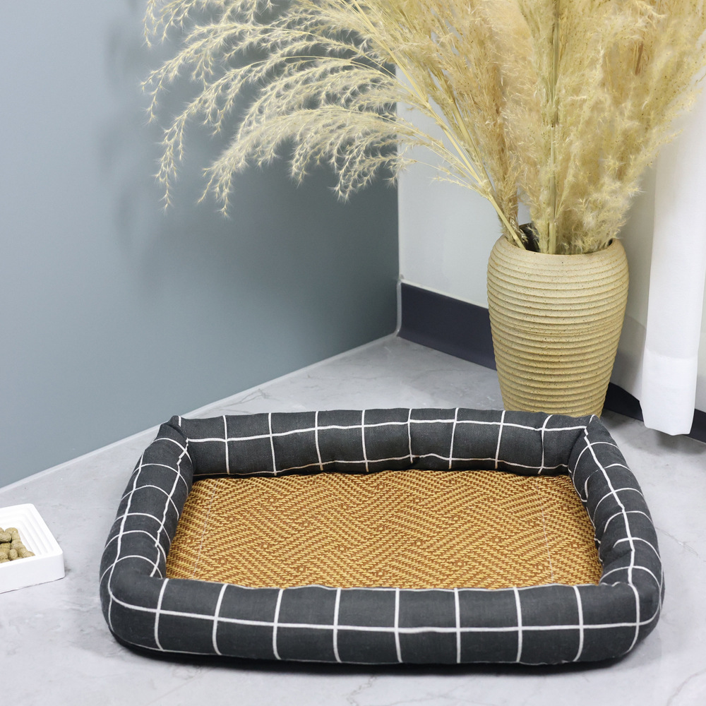 犬ベッド 格子柄縁付き籐編み風犬ベッドマット
