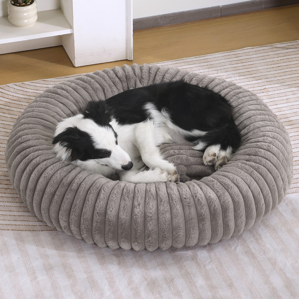 犬ベッド ストライプ仕立てのふんわり丸型犬ベッド