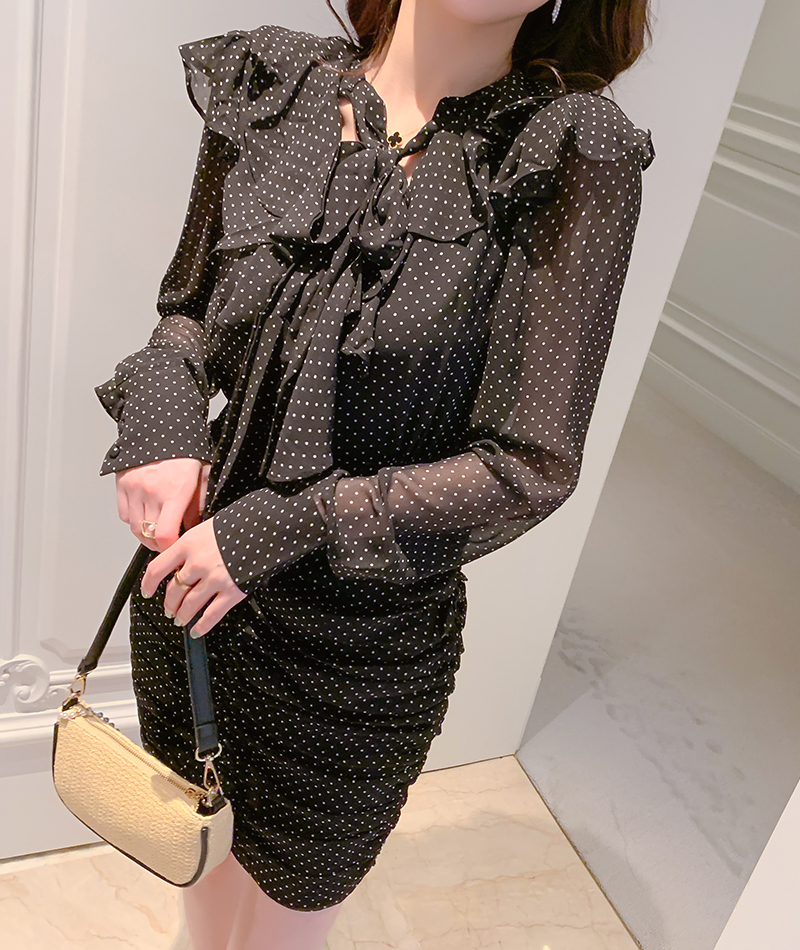 ドットコーデ 優美シルエット水玉柄長袖ミニワンピース