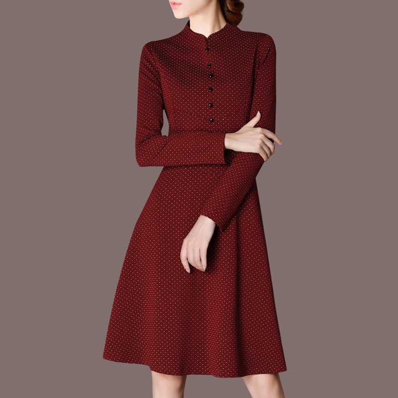 ワンピース ドットコーデ 小粒水玉模様のスタンドカラーワンピース