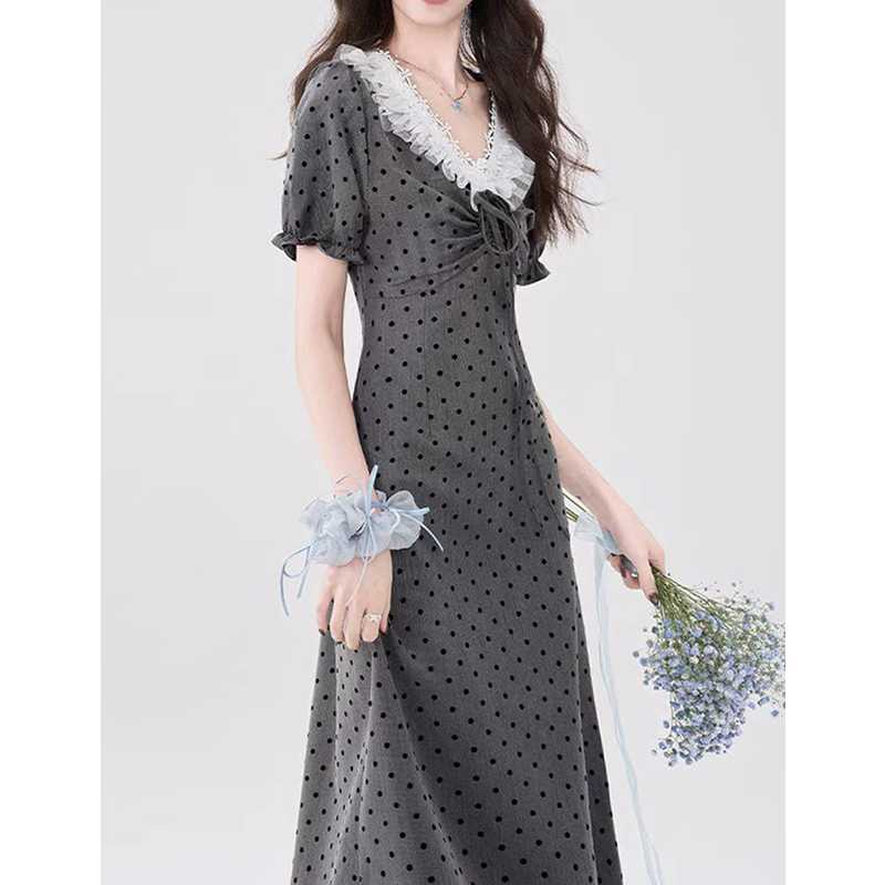 ワンピース ドットコーデ フリル襟付き水玉模様ロングワンピース