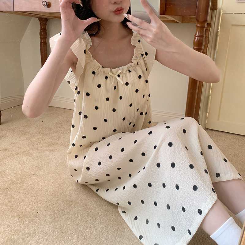 ワンピース ドットコーデ 水玉模様の涼やかルームワンピース