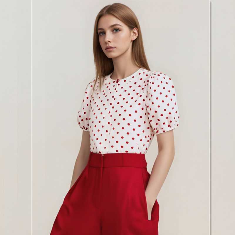 ブラウス ドットコーデ 水玉模様パフスリーブブラウス