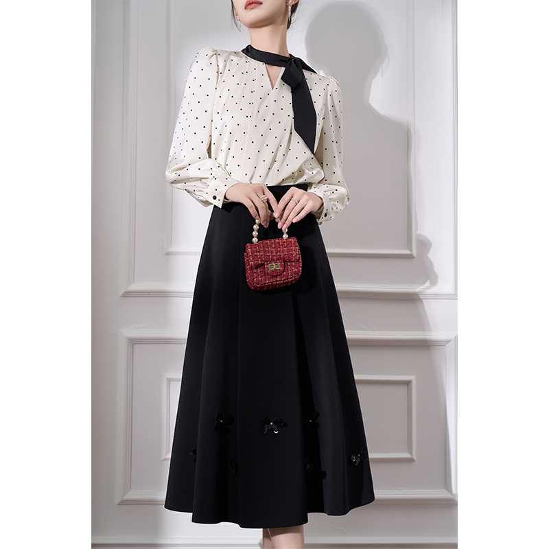 シャツ ドットコーデ 水玉模様リボン付き長袖シャツ