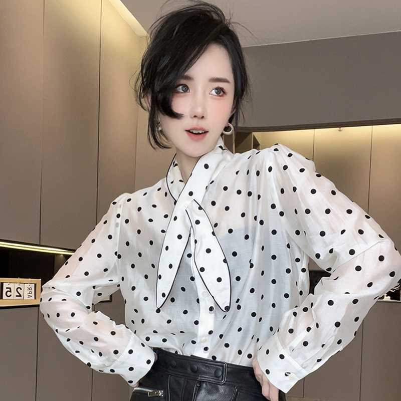 ブラウスドットコーデ リボン付き水玉模様ブラウス